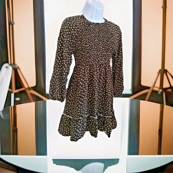 Zara Dresses & Skirts - Zara Mini Dress Junior Sz. 13-14 Black Floral Smocked Front Long Sleeve Babydoll